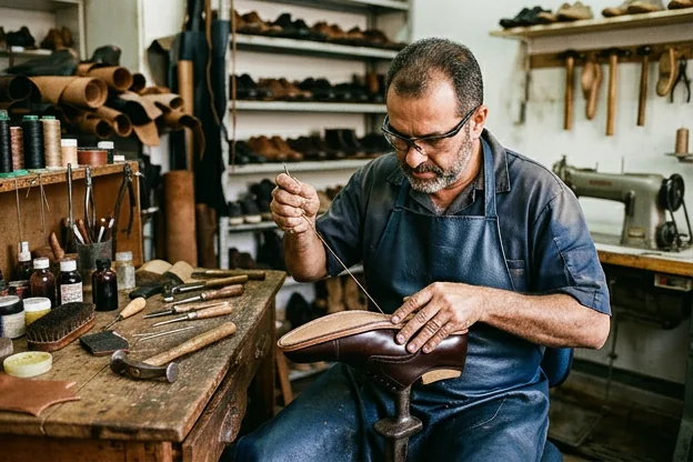 Sapateiro reformando sapatos sociais em Araxá.