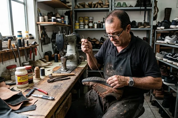 Sapateiro reparando um tênis em Araxá.