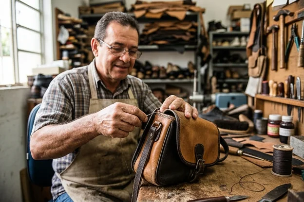 Sapateiro reformando uma bolsa de couro em Araxá.