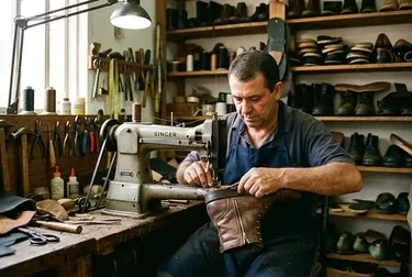 Sapateiro consertando o zíper de uma bota em Araxá.