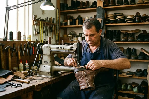 Sapateiro consertando o zíper de uma bota em Araxá.