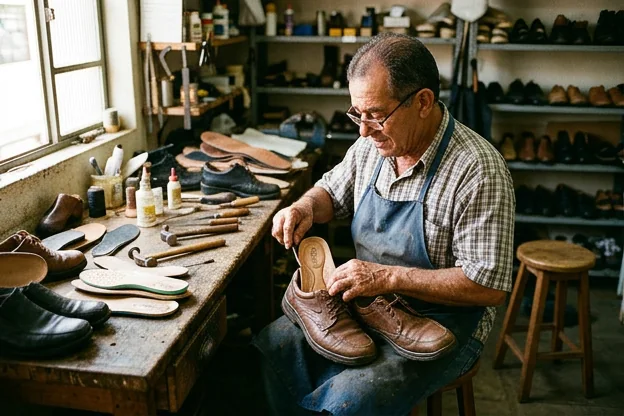 Sapateiro realizando a troca de palmilhas de um sapato em Araxá.